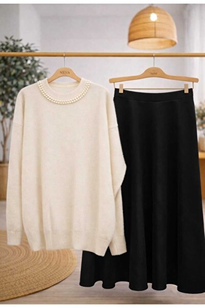 MODA VEDAT Women's Collar Pearl Soft Sweater - Puff Skirt Set -0510