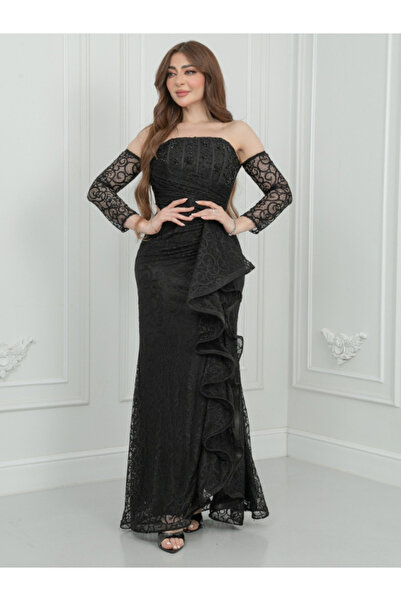 TREN Black Lace Evening Dress with Off-Shoulder Sleeves Ruffle Detail Formal ...