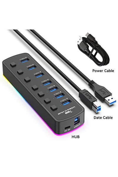 Choice موزع USB 3.0 RGB مزود بكابل من النوع C، 7 منافذ بيانات، محول بيانات بس...