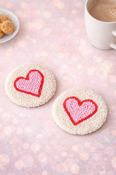 RetroNaut Punch Nakışlı Kalpli Bardak Altlığı 7 cm 2’li El Yapımı Dekoratif B...