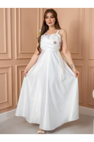 TREN Elegant White Floral Embroidered Maxi Evening Gown Satin Taffeta Formal ...