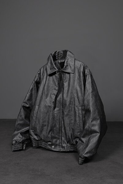 Slatra Men's Anthracite Washed Bomber Leather Jacket