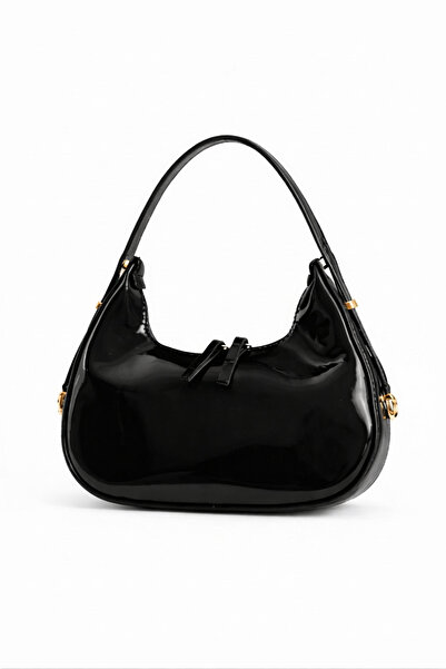 Silblack Shiny Patent Leather Double Zipper Lock Strap Baguette Hand and Shou...