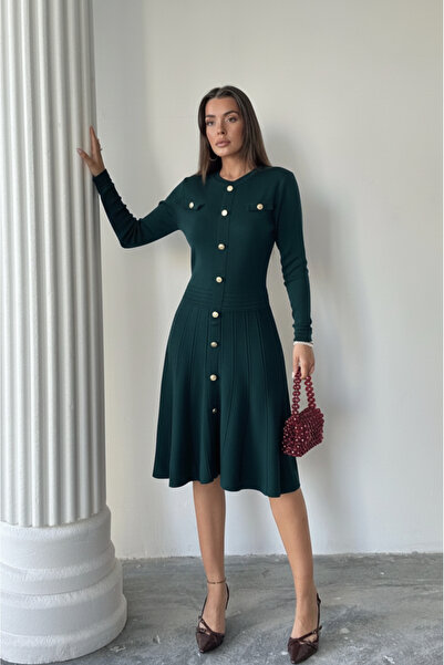 Lusin Women's Nefti Green Stylish Gold Button Detailed Elegant Long Sleeve Kn...