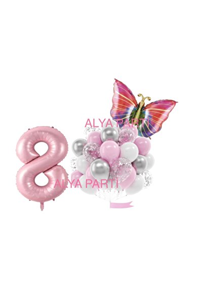 ALYA PARTİ 8 Yaş Rakam Folyo Balonlu Kelebek Doğum Günü Konsepti