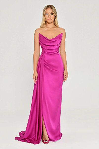 ALFABETA KADIN ABİYE KAYIK YAKA YIRTMAÇLI SATEN ELBİSE