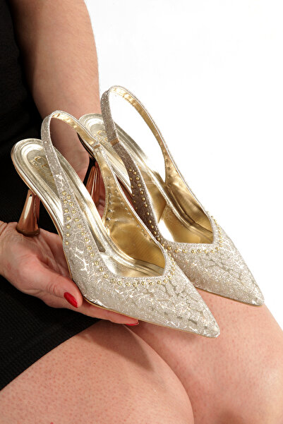 CEMAY حذاء نسائي بكعب عالٍ مدبب ومفتوح من الخلف (9 سم) بلون ذهبي مطلي بالجلفنة