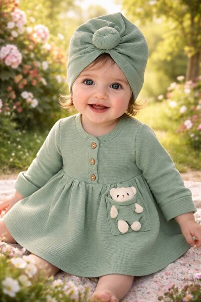 popshops baby Kız Bebek Müslin Elbise & Türban Takımı – Ayıcıklı Cep Detaylı,...