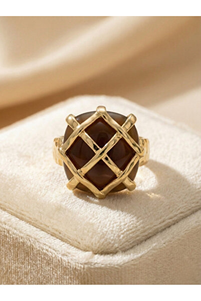 Snartun Natural Stone Look Brown Color Gold Detailed Adjustable Women's Ring ...