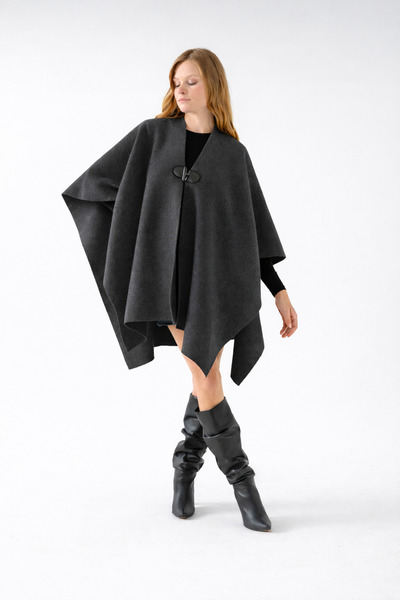 VEGA MODA Plain Knitwear Button Detailed Stylish Design Poncho, Plain Interlo...