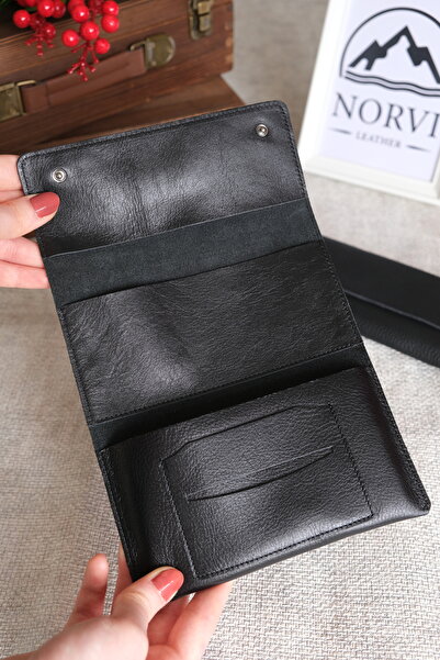 Norvi Leather Hakiki Deri Tütün Çantası Parlak Siyah 1278