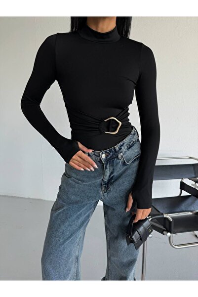 Evim Sepeti Turtleneck Black Bodysuit with Metal Buckle Detail - Gathered Design