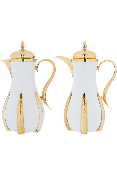 Generic طقم ترمس من الفولاذ من معرض السيف، سعة 1 لتر، بمقبض ذهبي، قطعتان - أبيض