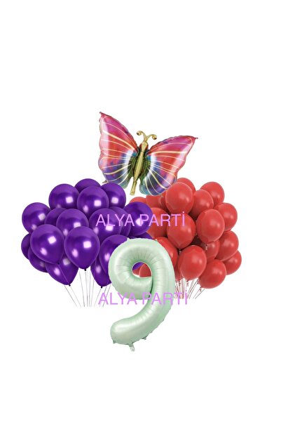 ALYA Set de aniversare cu baloane din folie cu numere de 9 ani, cu fluture
