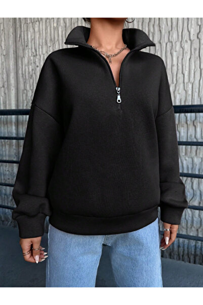 Patreon Siyah Yarım Fermuarlı Sweatshirt