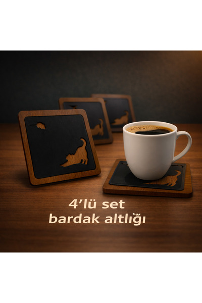 4'lü Kedi & Fare Figürlü Ahşap Bardak Altlığı