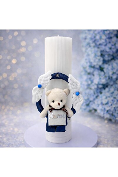 kizu Προσωποποιημένο κερί βάπτισης με αρκούδα και μπλε κύκλο, χειροποίητο