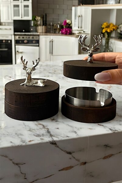 GİSVOL 2Li Set Kapaklı Ahşap Geyik Figür Metal İç Haznli Dekoratif Küllük Mas...