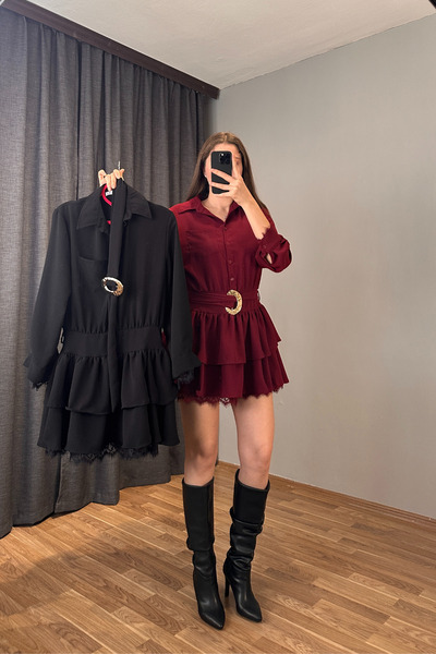 Sorridi Rochie cu guler tip cămașă, cu curea și detalii din dantelă