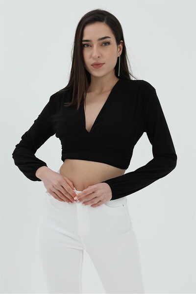 VELİZADE Γυναικεία μαύρη μπλούζα με V-λαιμόκοψη, βαθύ ντεκολτέ μπροστά και ντ...