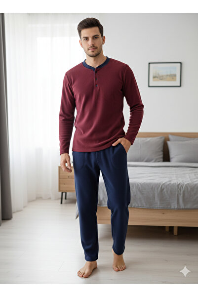 Sude HOMEWEAR Men's Fleece Pajama Set with Pockets, Burgundy Color