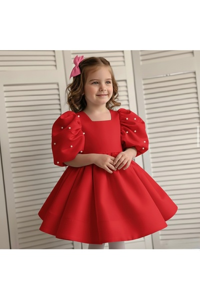 Asel Kids Rochie mini pentru fetiță, cu mâneci balon, cu detalii de perle