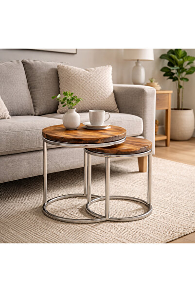 Alqaryah Alkhasbiah Trading Company Round Nested Wooden Service Table Set