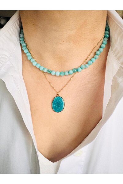 DEVİ fashion Agate Natural Stone Steel Chain Combination Necklace 45 cm