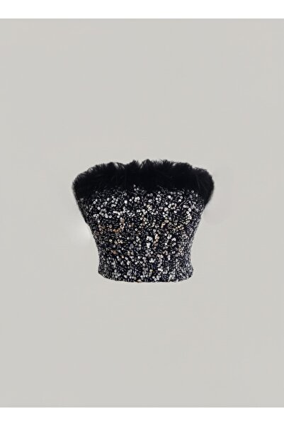AURA Charm Otri̇ş Feather-Detail Sequin Velvet Crop