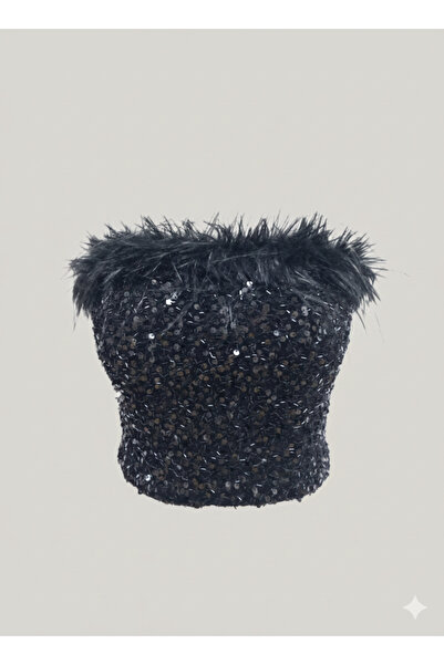 AURA Charm Otri̇ş Feather-Detail Sequin Velvet Crop