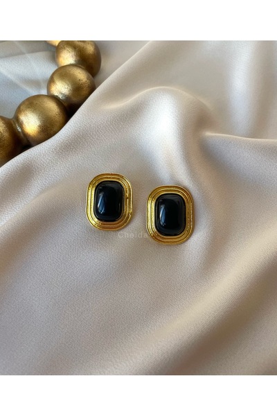 cheida Vintage Siyah Taş Detaylı Gold Çelik Küpe