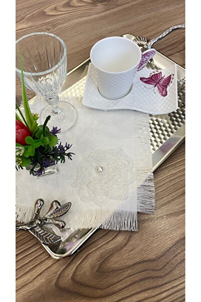 Acurmans Gardenya Keten Üzerine Fransız Danteli, Püsküllü Kahve Yanı Sunum Pe...