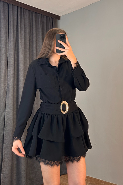 Sorridi Rochie cu guler tip cămașă, cu curea și detalii din dantelă