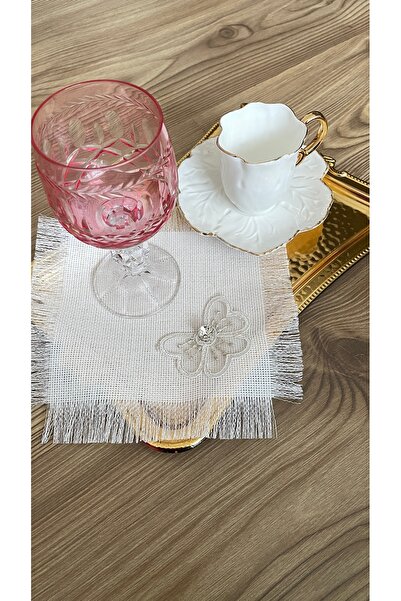 Linen Keten Üzerine Fransız Danteli Ekru,Gold Sim Detaylı Kahve Yanı Sunum Peçetesi ( 6 lı 17x17 )