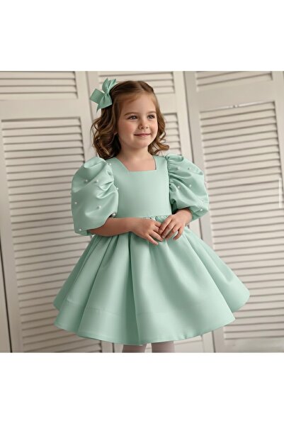 Asel Kids Момичешка мини рокля с балонни ръкави и перлени детайли