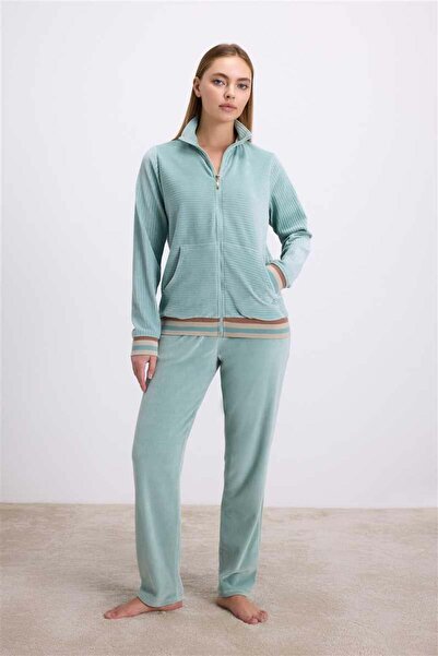 Marsilyan Ieg Velvet Textured Long Sleeve Sweatshirt and Pants Set Ilkel-Mdgy...