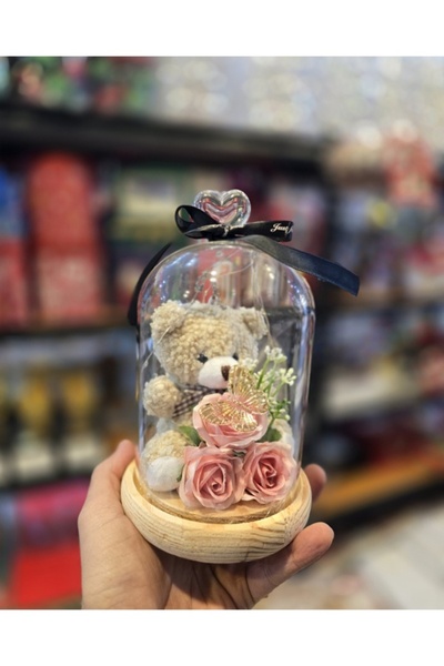 naniland.ro Decorative set with teddy bear and floral arrangement in glass dome