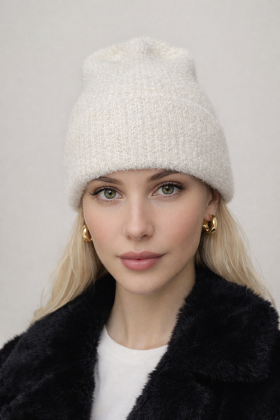 Şirin Giyim Aksesuar Beretă din lână Angora Ecru, moale și pufoasă - Beretă p...