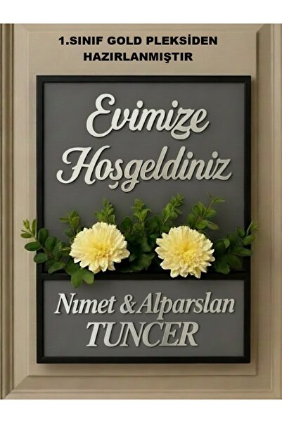 kesita TASARIM Kişiye Özel Ahşap ve Gümüş Pleksi Yazılı 20x30 cm Yapay Çiçekl...