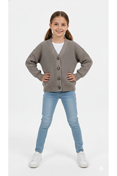 ADA YILDIZ KİDS Girl's Knitted Buttoned Sweater Cardigan Brown 6/14 Years