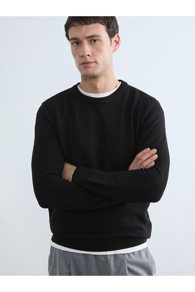 LC Waikiki Lcw Vision Black Crew Neck Honeycomb Textured Men's Knitwear Sweater