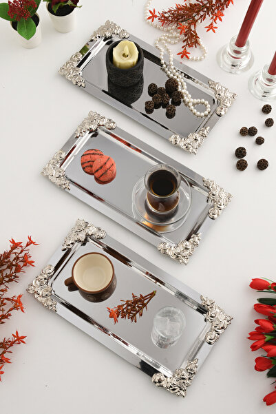 AKSESUAR EVRENİ Molisi Silver 3-Piece Silver Ornament Detailed Kayak Coffee P...