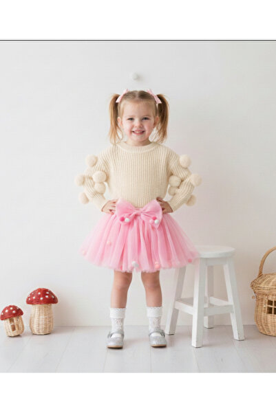 kokosh _ kidss burcu sapmaz طقم سترة بوم بوم بلون كريمي للفتيات وتنورة توتو ب...