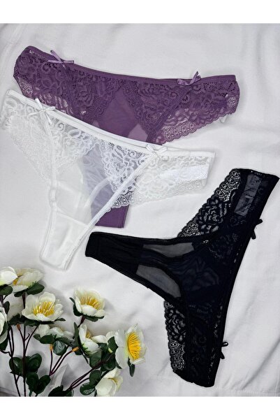 Pamiora 3'lü Tanga Seti (Siyah Beyaz Mor) - Özel Tasarım Dantel Takım