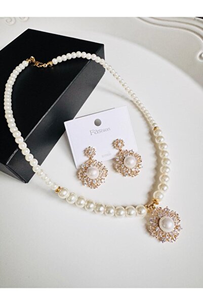 DEVİ fashion Pearl Necklace Earrings Evening Dress Valentine's Mother's Day B...