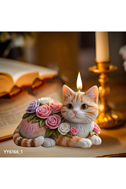 YOYOMOLD GÜL SÜSLEMELİ YATAN KEDİ MUM BİBLO SİLİKON KALIP