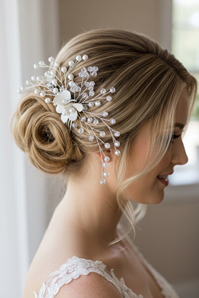 Limelia White Floral Pearl and Crystal Beaded Bridal Side Comb Hairpin Henna ...