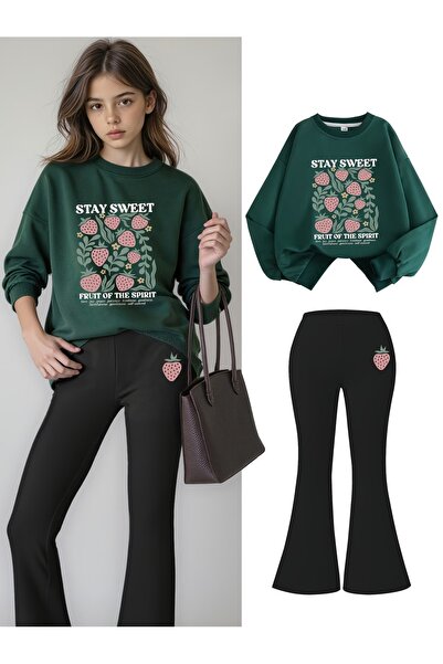 buendiakids طقم بنطلون للفتيات باللون الأخضر النفطي والأسود من مطبوع بيسكل يا...