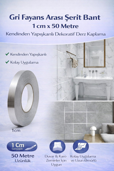 Hane Dostu Gri Fayans Arası Şerit Bant 1 cm x 50 Metre Kendinden Yapışkanlı D...