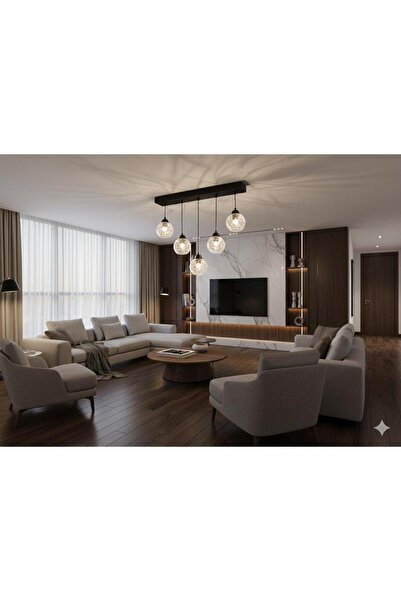 BİAVİZE 5 Lİ SİYAH KROM ŞEFFAF CAMLI MODERN SARKIT AVİZE